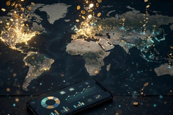 Facebook creator earnings per view geography 2026: 11 million views vs $128.69 payout shown on a phone with a world map