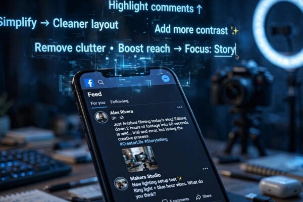 Facebook feed on a phone reshaped by typed words, Meta Your Algorithm creator playbook 2026