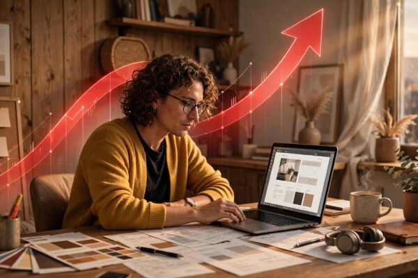 Freelancer at home office desk with rising red interest rate chart, Fed 2026 hike money moves