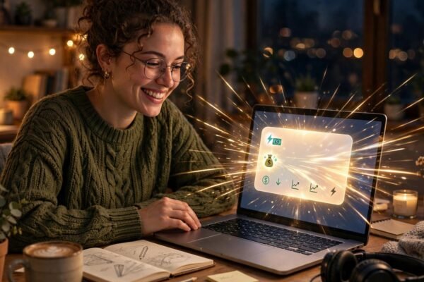 FedNow instant payments for freelancers: designer receiving an instant payment notification on her laptop at midnight