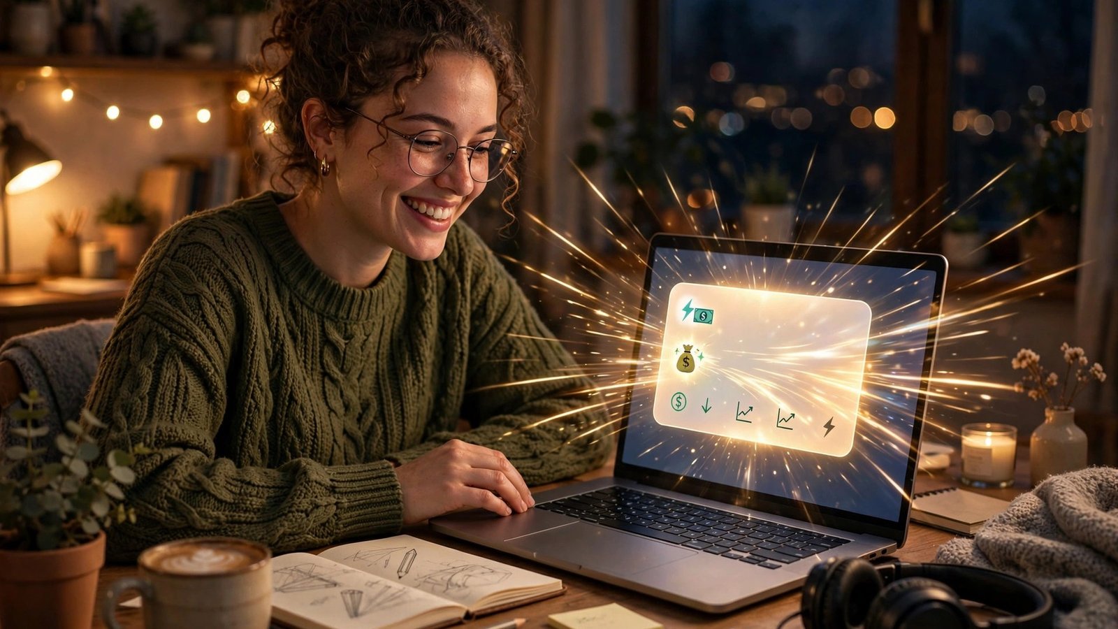 FedNow instant payments for freelancers: designer receiving an instant payment notification on her laptop at midnight