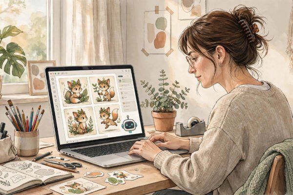 Fiverr Go AI models for freelancers 2026: designer at desk with laptop showing AI artwork variations