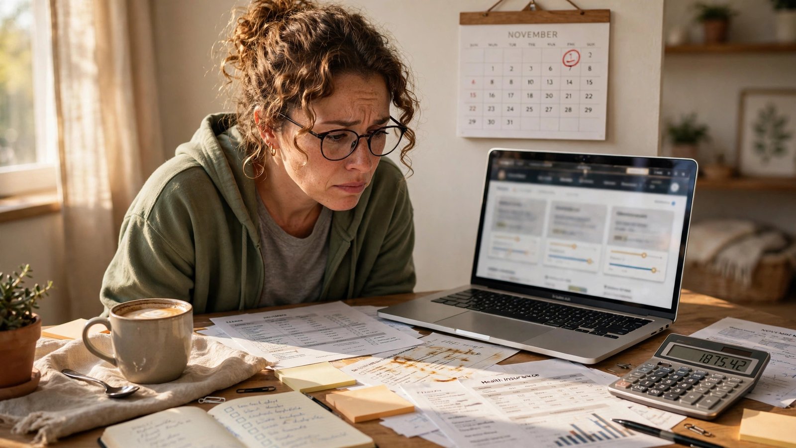 Freelancer health insurance 2026: freelancer comparing marketplace plans on a laptop at a home desk