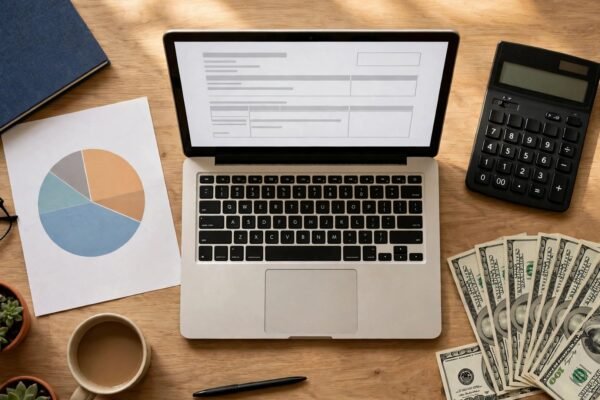 Freelancer fees 2026: comparing Stripe, PayPal, Upwork and Fiverr take-home pay on a desk calculator.