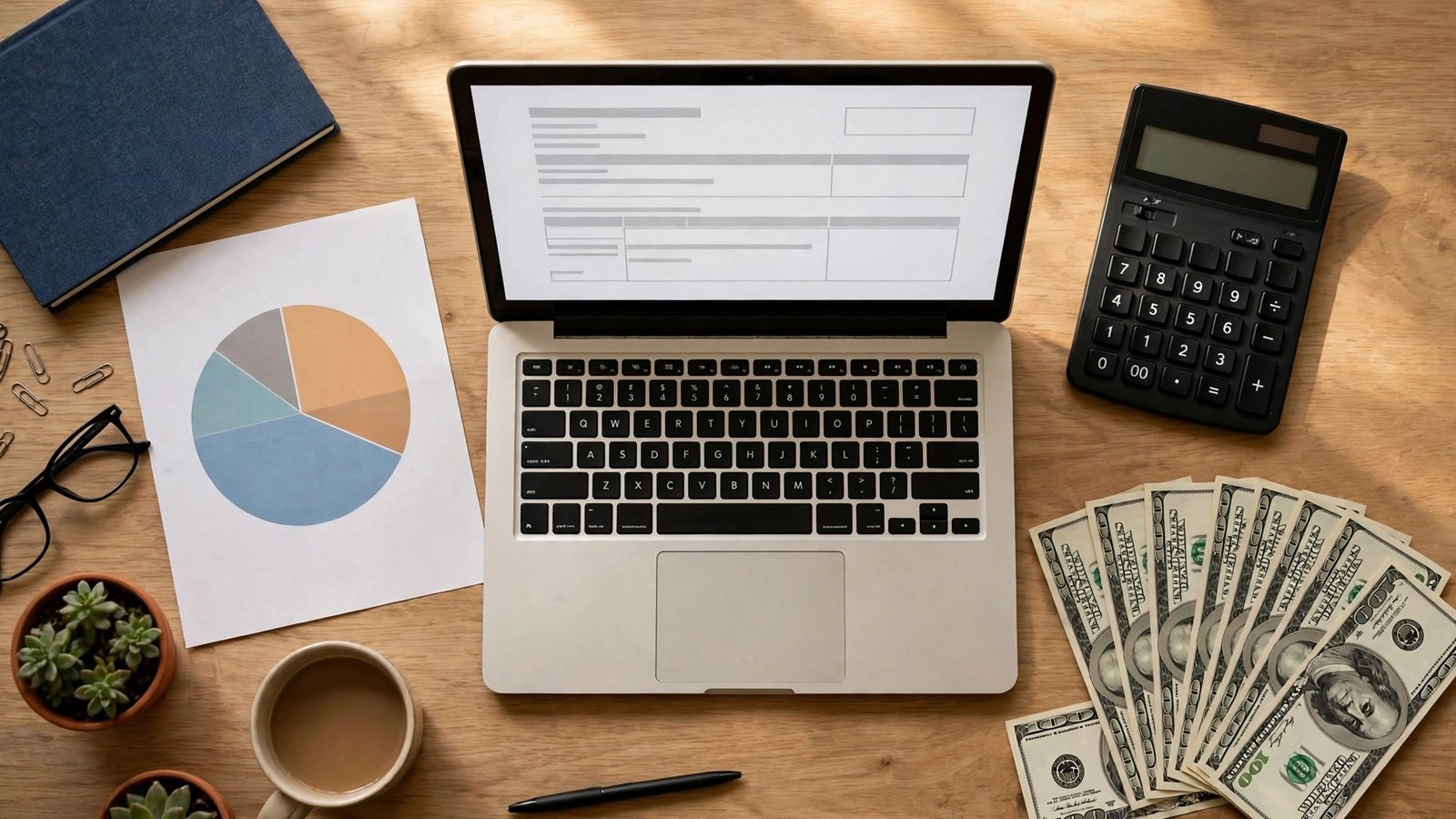 Freelancer fees 2026: comparing Stripe, PayPal, Upwork and Fiverr take-home pay on a desk calculator.