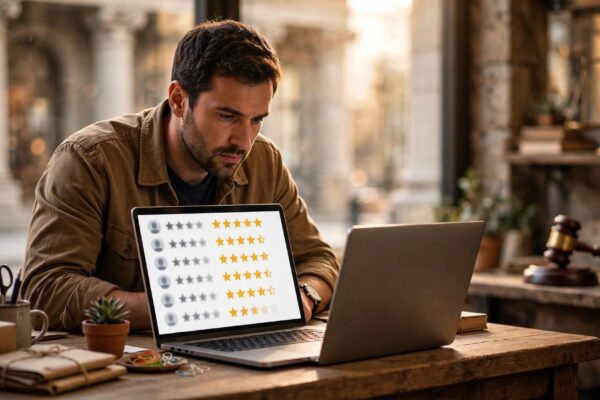 Small business owner studying FTC fake reviews enforcement 2026 compliance on a laptop.