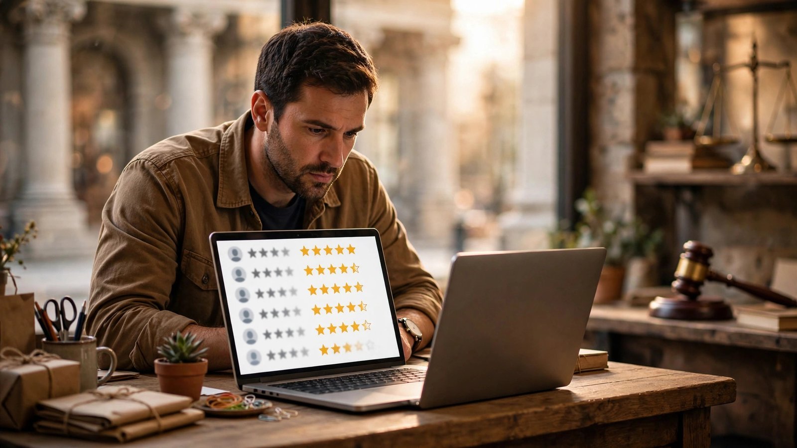 Small business owner studying FTC fake reviews enforcement 2026 compliance on a laptop.