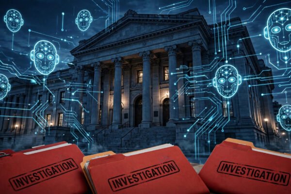 FTC investigation of OpenAI and Anthropic AI safety probe 2026: government building with AI overlays and investigation folders