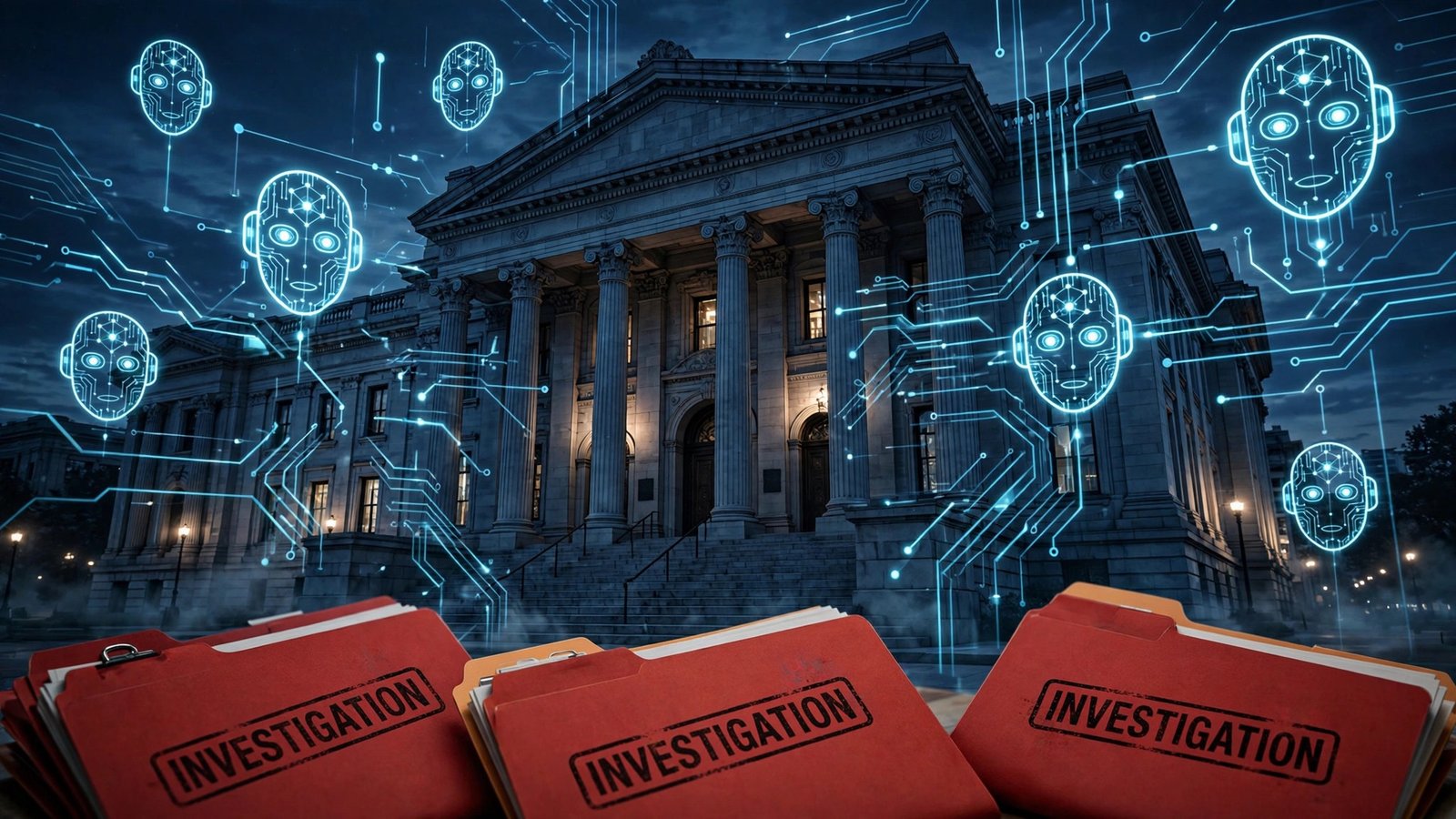 FTC investigation of OpenAI and Anthropic AI safety probe 2026: government building with AI overlays and investigation folders