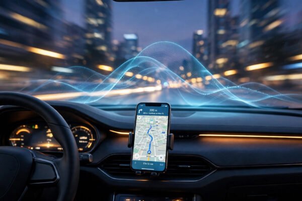Car dashboard at golden hour with Android Auto navigation and Gemini assistant spark above the steering wheel