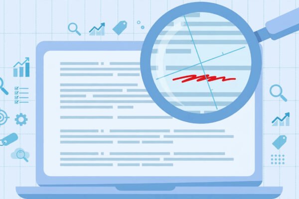 Magnifying glass catching an error in an AI-written blog draft per Google guidance