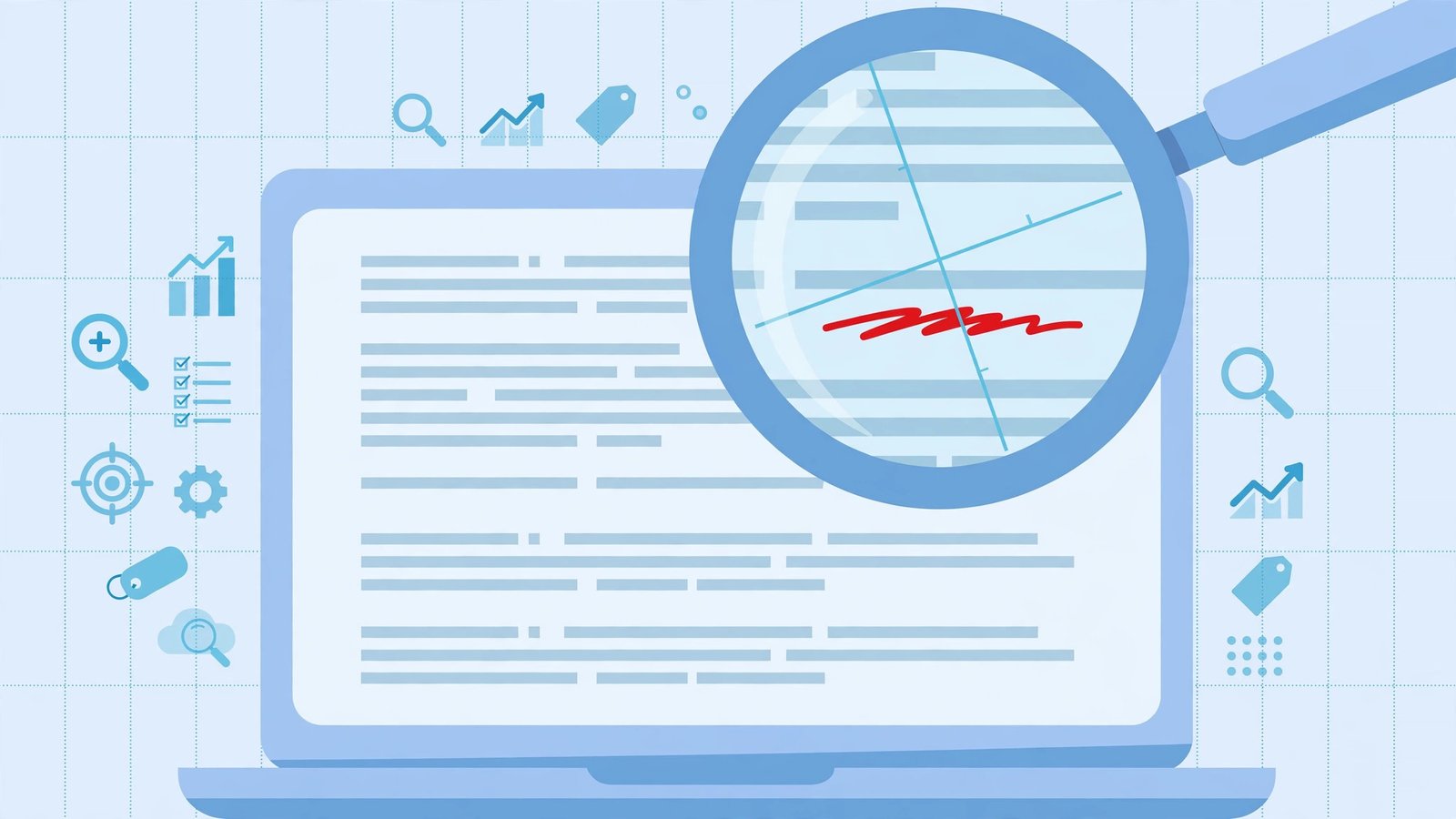 Magnifying glass catching an error in an AI-written blog draft per Google guidance