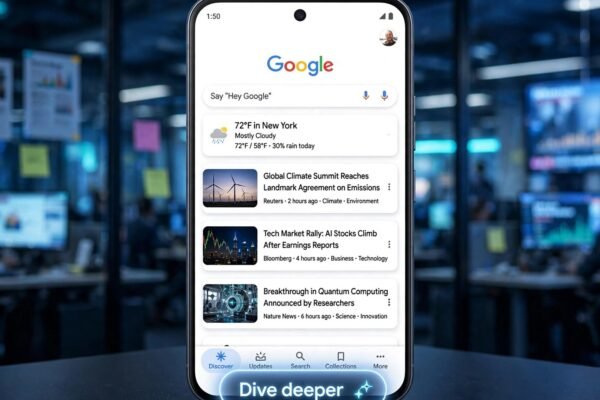 Google Discover Dive Deeper test: smartphone showing a Discover feed with a Dive Deeper button