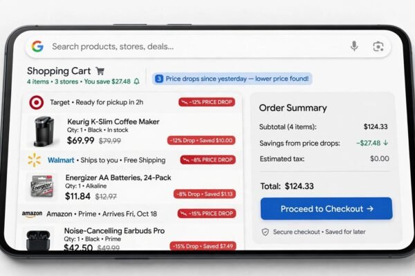 Smartphone showing Google Universal Cart holding products from several stores in one cart