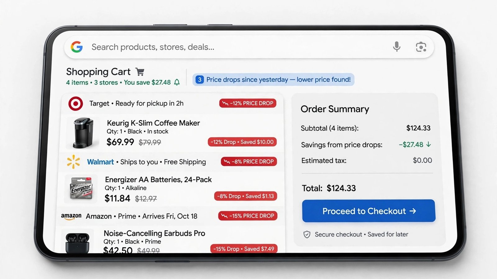 Smartphone showing Google Universal Cart holding products from several stores in one cart