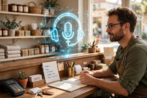 Small business owner at a front desk with a Grok Voice 3.0 voice agent headset icon