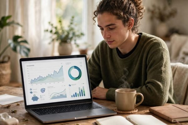 5.00% APY savings account catch for freelancers - freelancer at a desk checking a savings dashboard