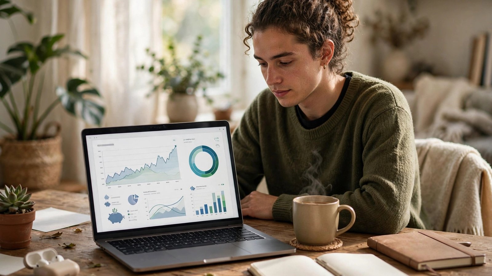5.00% APY savings account catch for freelancers - freelancer at a desk checking a savings dashboard