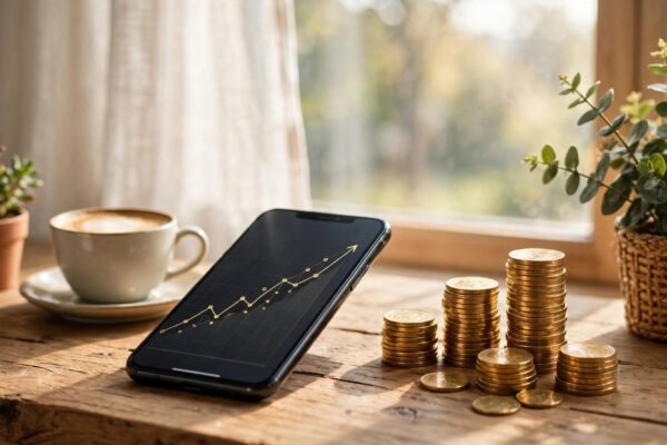 High-yield savings rates October 2026: stacked cash on a smartphone showing a rising interest-rate chart