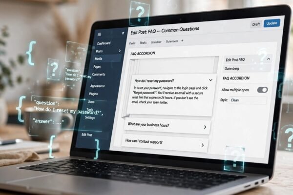 Adding FAQ schema in WordPress with Rank Math FAQ block on laptop editor