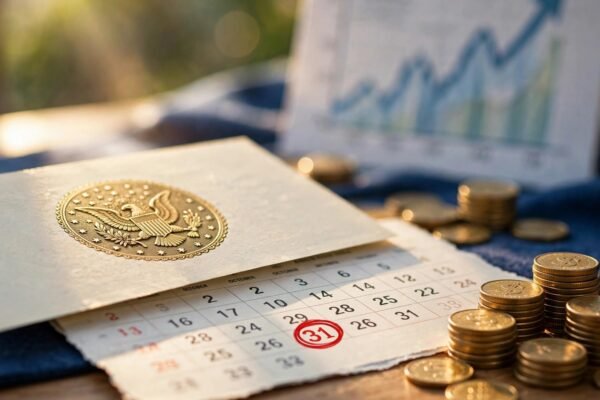US Treasury I bond document with an October 31, 2026 calendar deadline and stacks of dollar coins