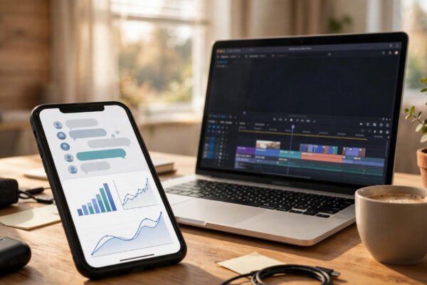 Instagram Edits AI assistant analytics dashboard on a freelancer's phone next to a laptop in a home office