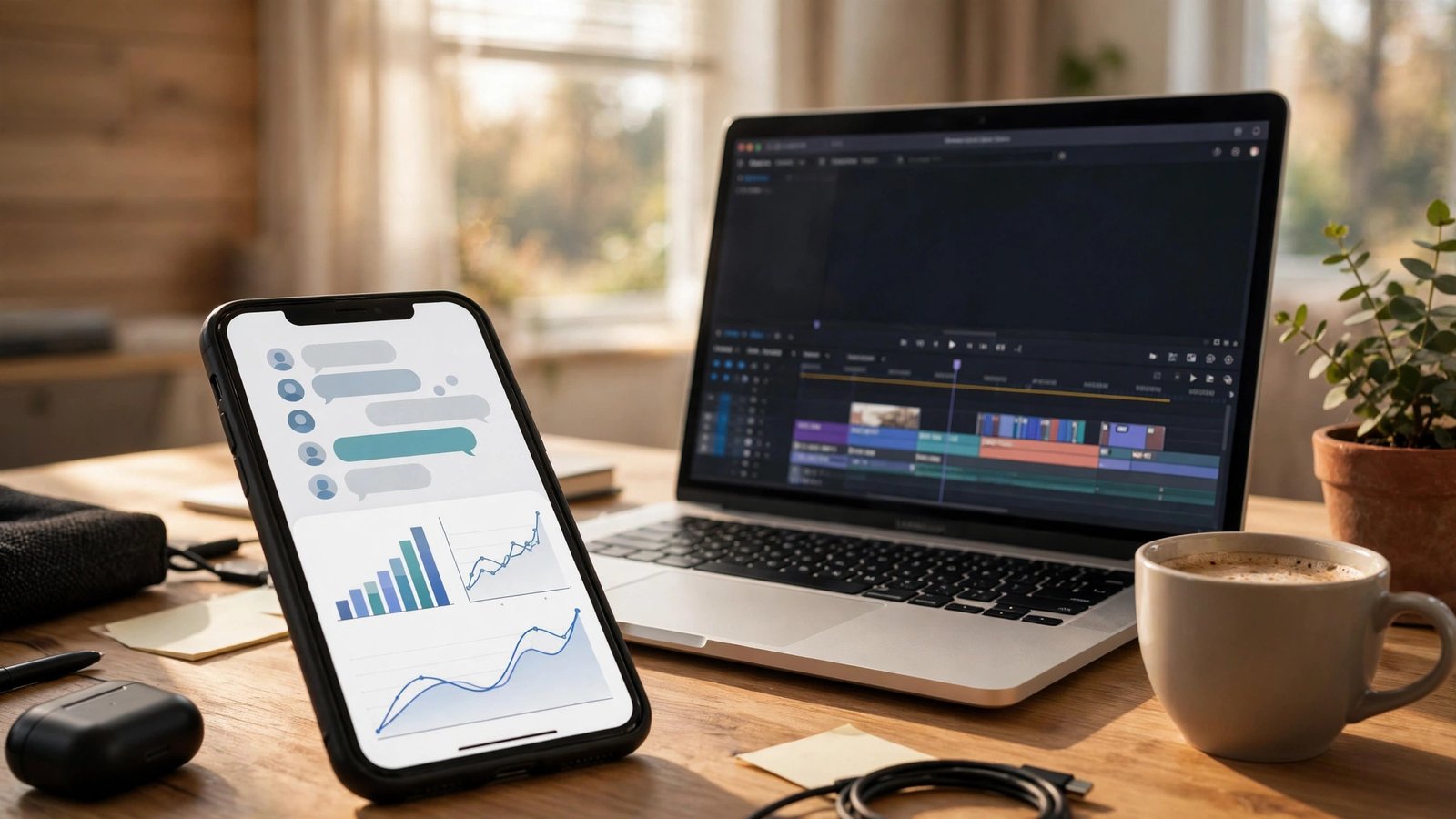 Instagram Edits AI assistant analytics dashboard on a freelancer's phone next to a laptop in a home office