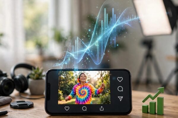 Instagram original audio bonus 2026: smartphone Reels feed with a glowing sound wave rising from the screen