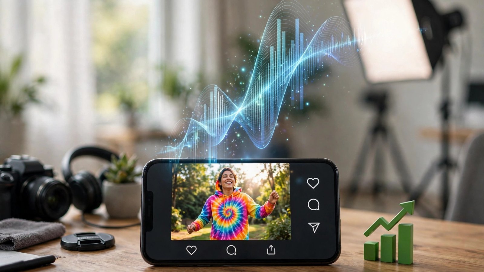 Instagram original audio bonus 2026: smartphone Reels feed with a glowing sound wave rising from the screen