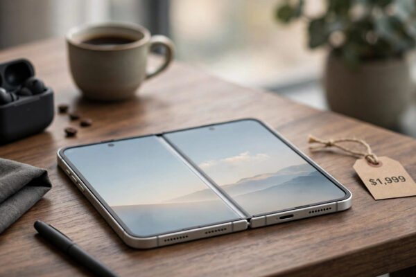 Unfolded iPhone Duo foldable phone next to a $1,999 price tag on a desk