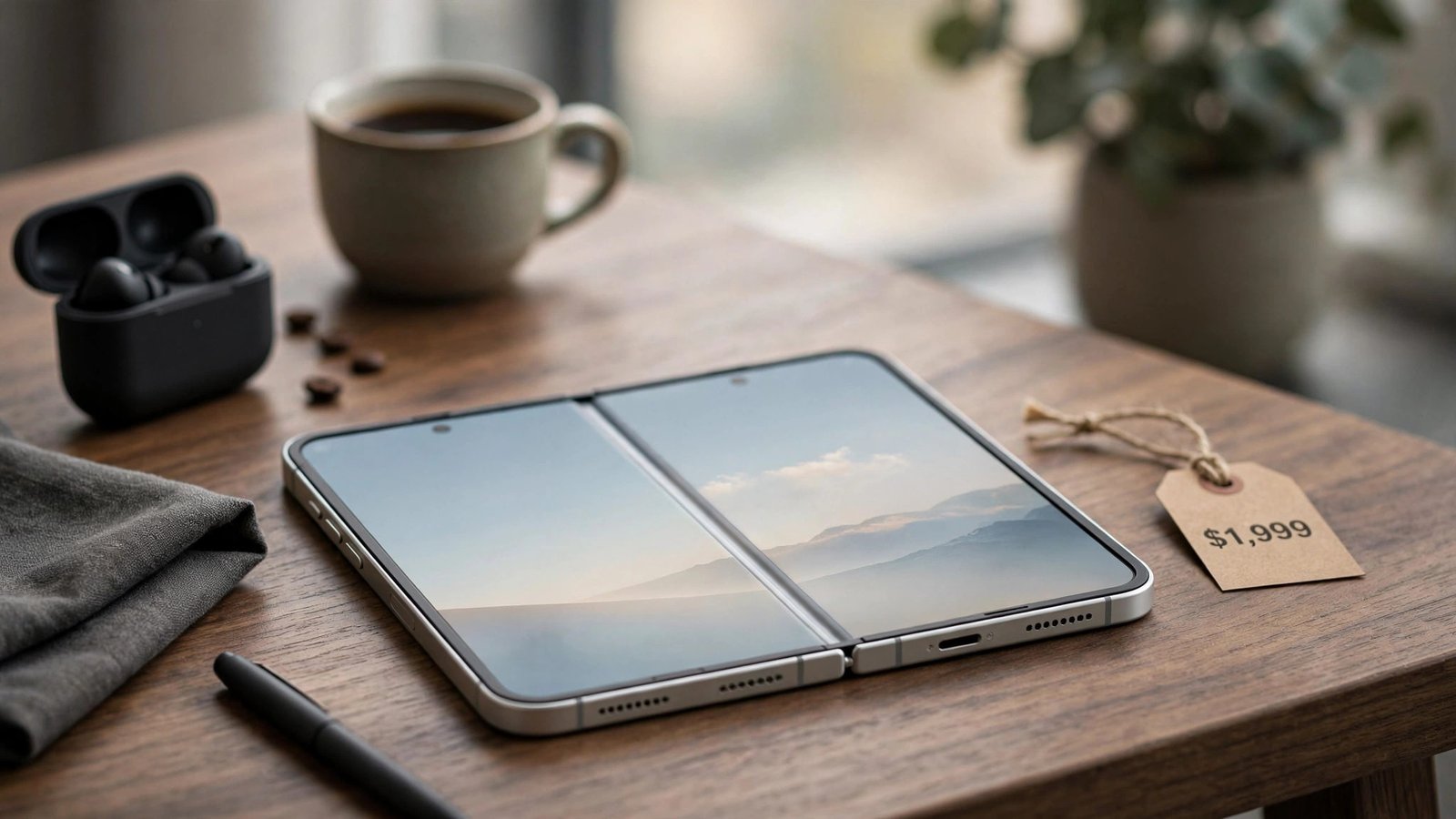 Unfolded iPhone Duo foldable phone next to a $1,999 price tag on a desk