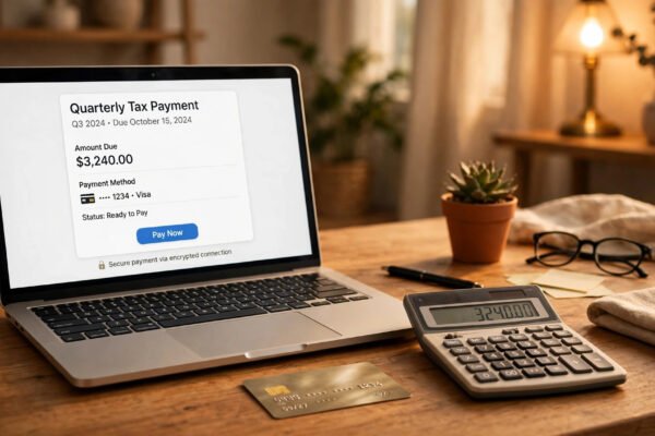 Pay IRS by credit card in 2026: laptop showing quarterly tax payment screen with a credit card and calculator