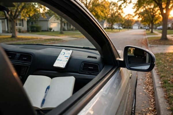 IRS mileage rate 2026 - freelancer car with mileage log notebook and phone mileage app on the dashboard