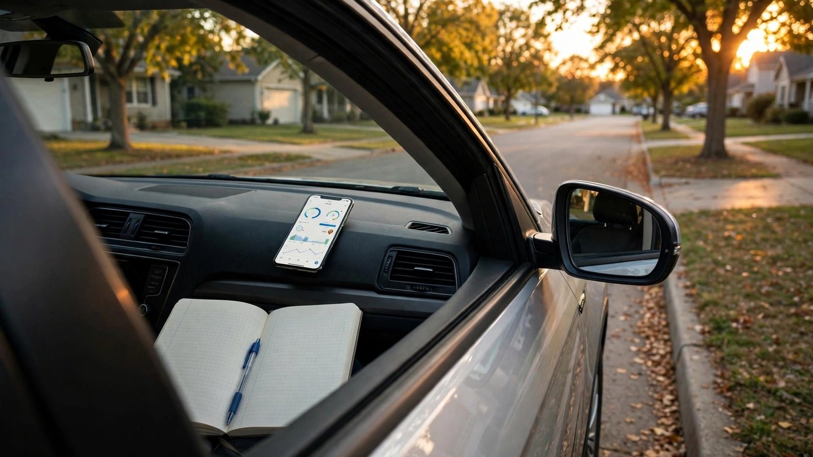 IRS mileage rate 2026 - freelancer car with mileage log notebook and phone mileage app on the dashboard