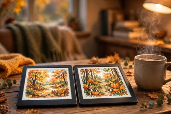 Kindle Colorsoft 2026 vs Kobo Libra Colour color e-readers side by side in a cozy reading corner.