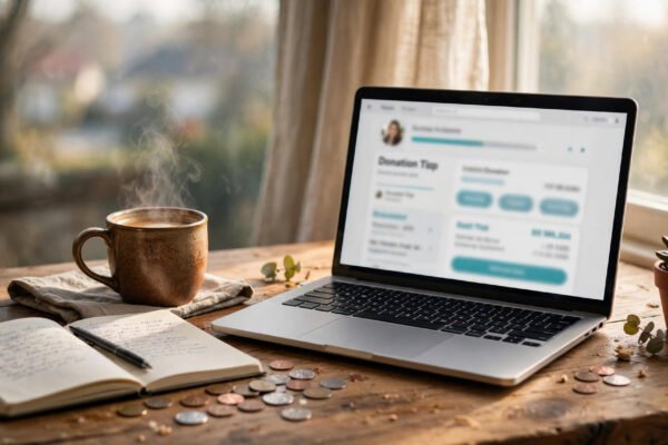 How Ko-fi fees work in 2026: coffee cup beside a laptop showing a donation page