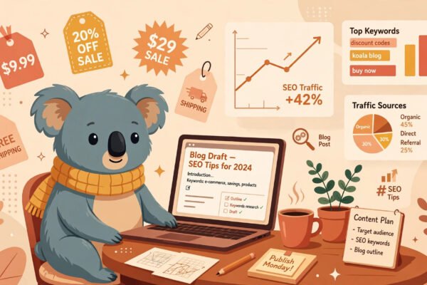 Koala Writer pricing 2026 plans on a writer's desk: laptop with a half-written article and notebook.