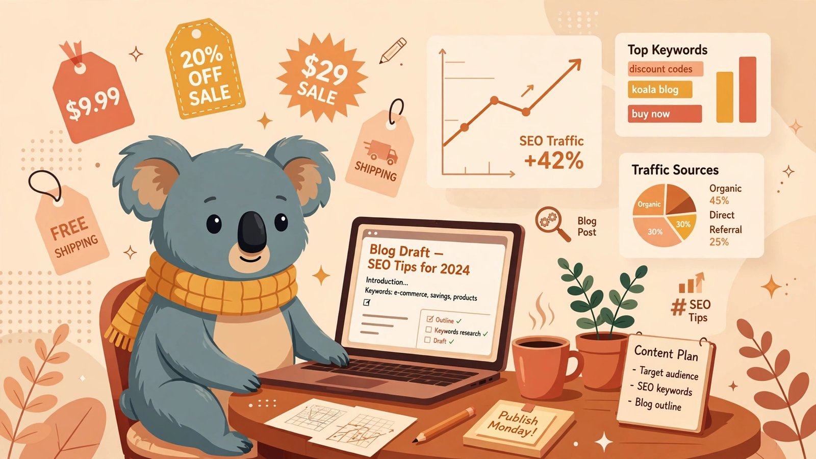 Koala Writer pricing 2026 plans on a writer's desk: laptop with a half-written article and notebook.