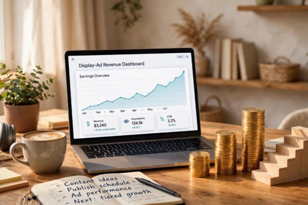 Mediavine Journey ad revenue dashboard with rising earnings chart on blogger laptop