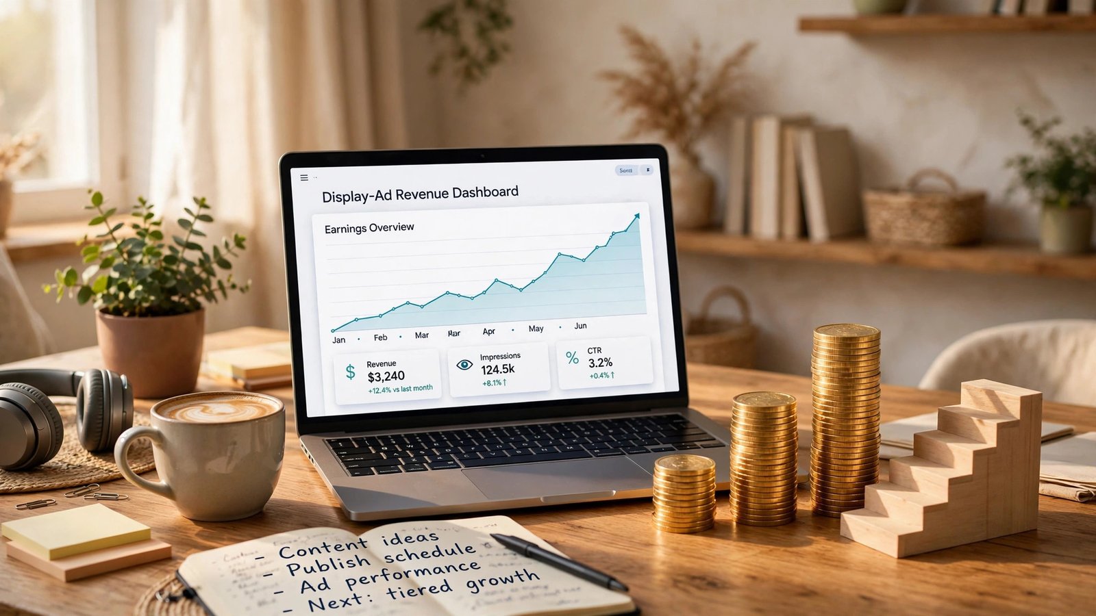 Mediavine Journey ad revenue dashboard with rising earnings chart on blogger laptop