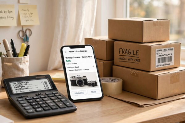 Mercari seller fees 2026 payout calculator fee breakdown on calculator and phone