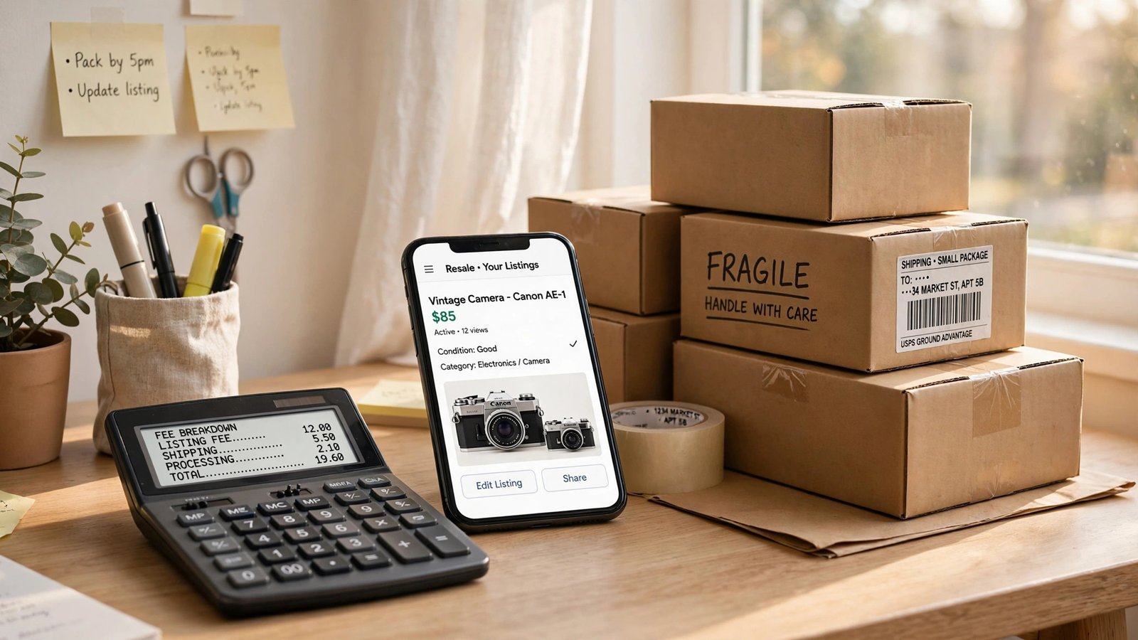 Mercari seller fees 2026 payout calculator fee breakdown on calculator and phone