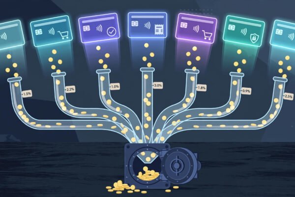 Split-view of seven glowing digital checkout cards with coins funneling into a bank, comparing merchant of record fees for 2026