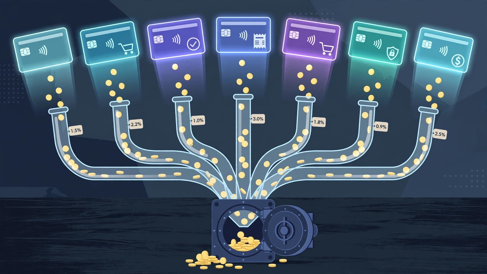 Split-view of seven glowing digital checkout cards with coins funneling into a bank, comparing merchant of record fees for 2026