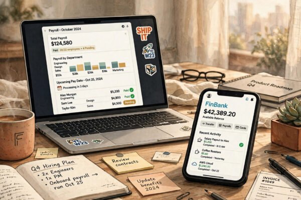 Laptop showing an AI-native payroll dashboard next to a banking app on a smartphone at a founders desk