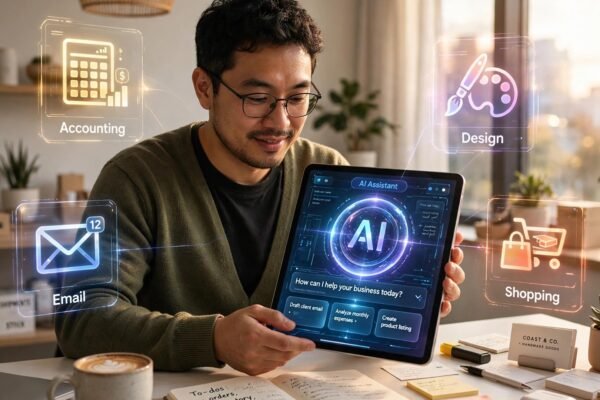 Meta Muse iPad app for small business: iPad with an AI assistant interface on a bright desk