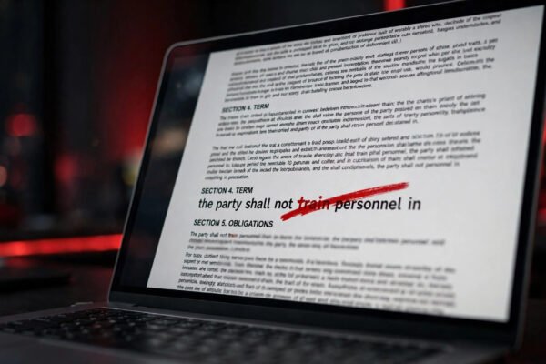 Meta Oct 30 business terms with AI training clause crossed out on laptop screen