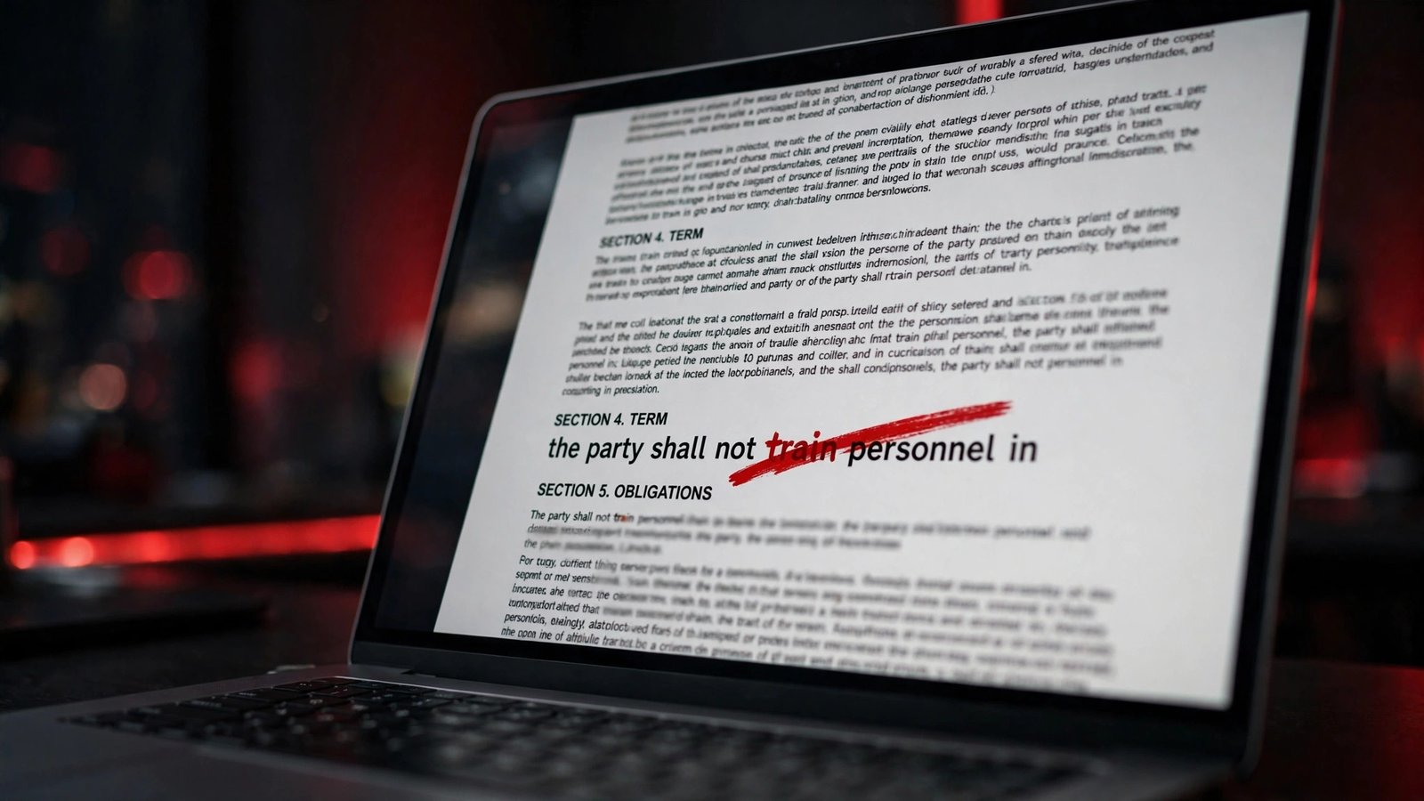 Meta Oct 30 business terms with AI training clause crossed out on laptop screen