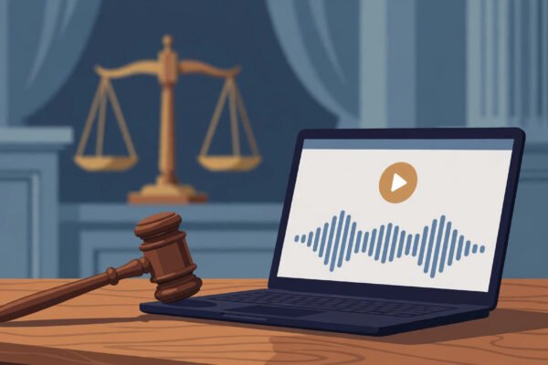 AI streaming fraud sentencing 2026: courtroom gavel beside laptop showing music streaming charts