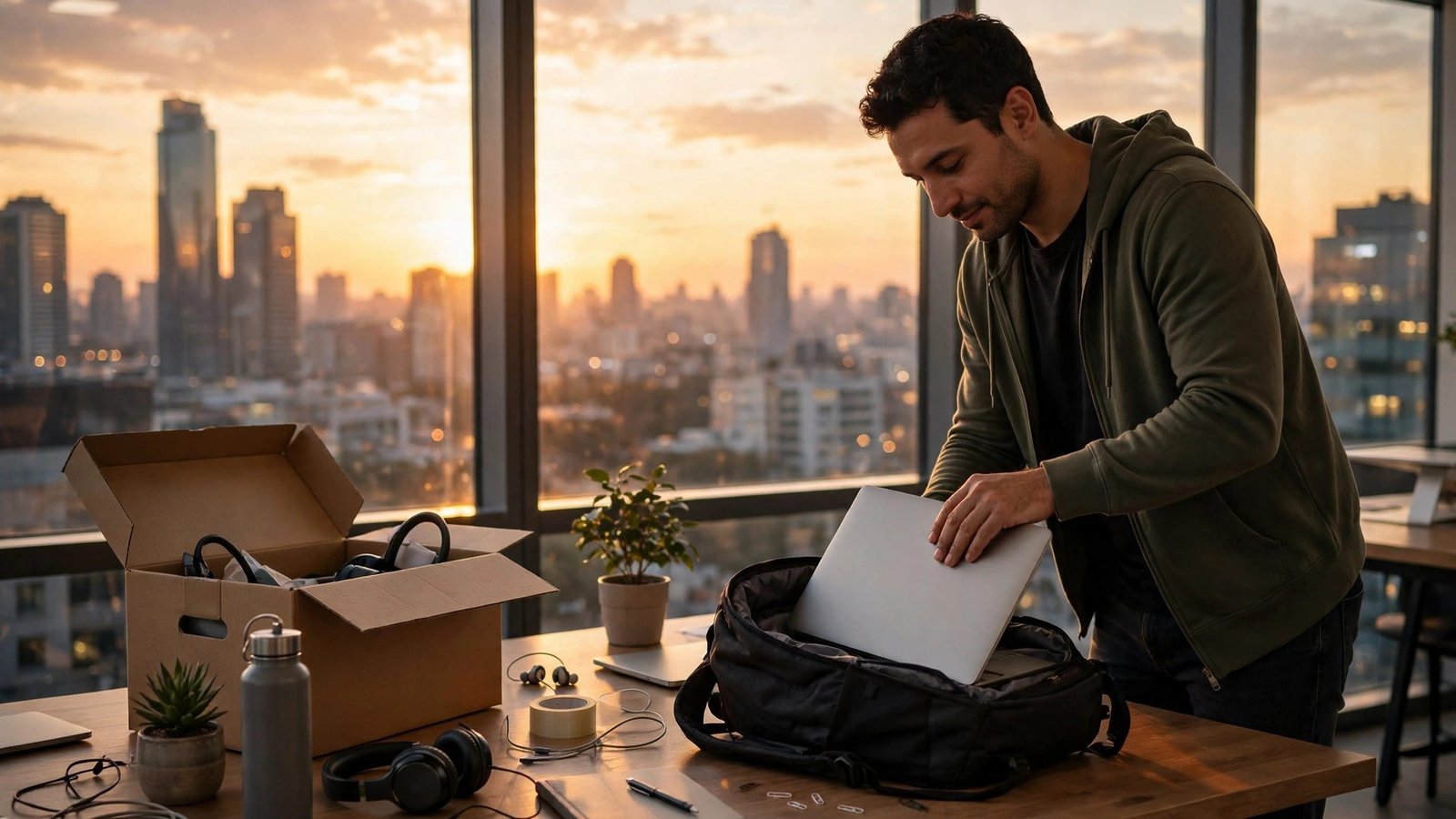 Microsoft 60000 buyouts freelancer opportunity 2026 - professional packing office desk at sunset